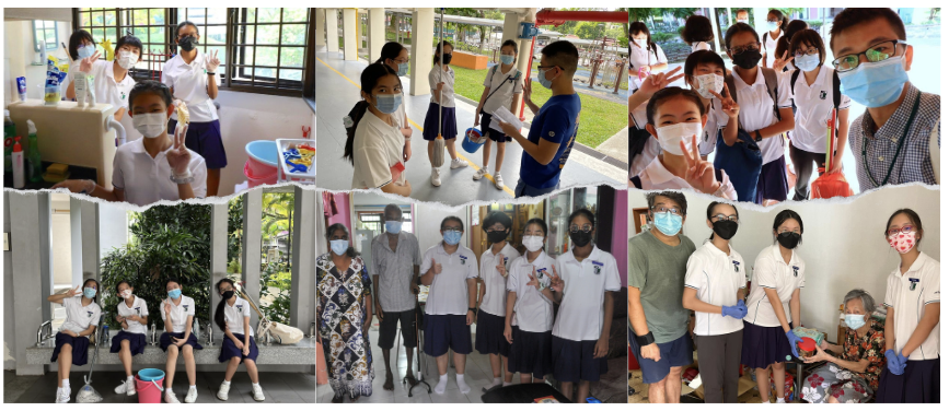 Students in school uniforms and face masks participate in community service activities, some posing with elderly residents.